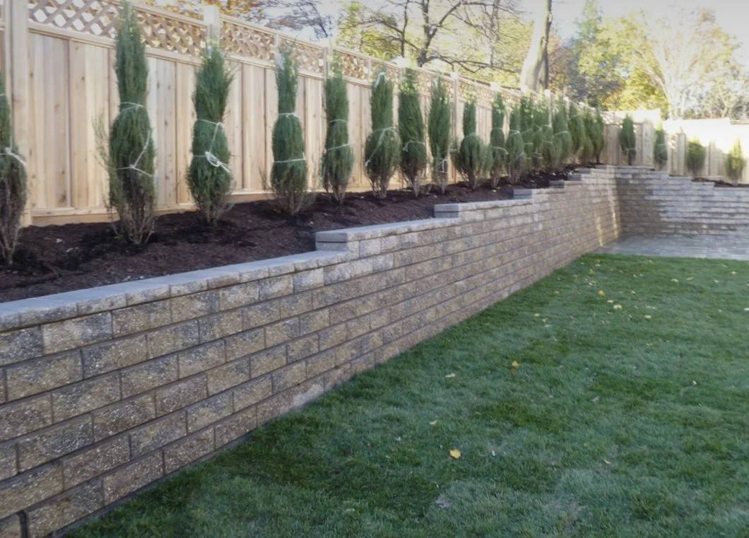 Long block retaining wall with new arborvitae planting bed along a fence